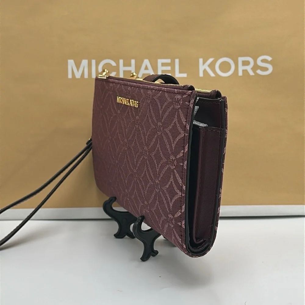 Michael Kors Jet Set Travel Lg Double-Zip Wristlet-Wallet-PhoneHolder Oxblood